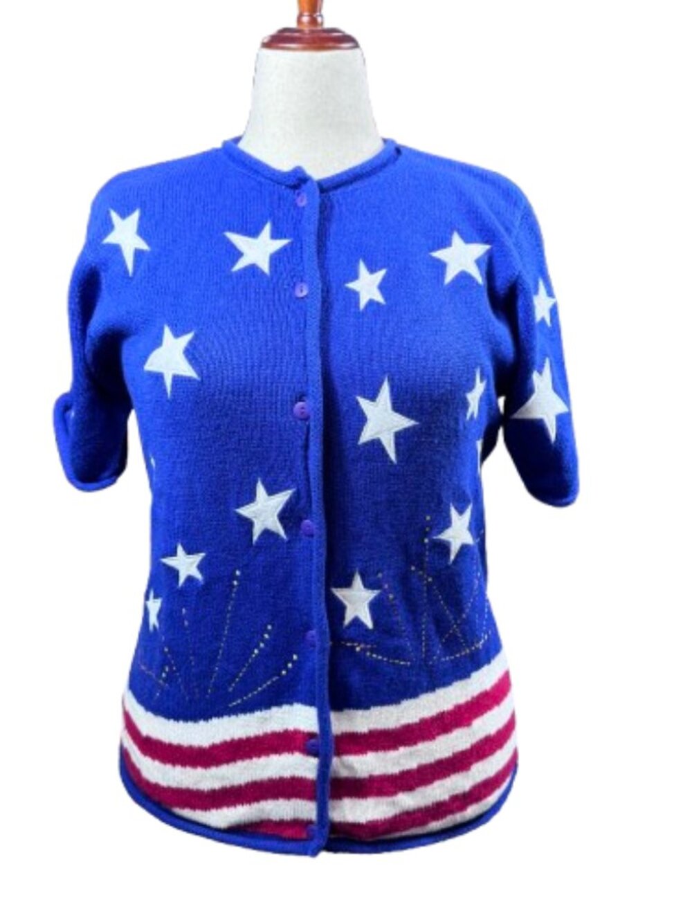 VTG Quacker Factory Stars Stripes Cardigan Short Sleeve Americana Knit Size S